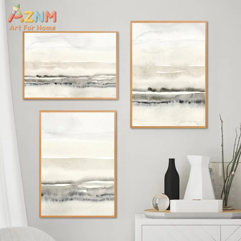 AZNM Neutral Watercolor Abstract Landscape Canvas Wall Art Frameless Print, Beige Grey Horizon Painting, Modern Living Room Home