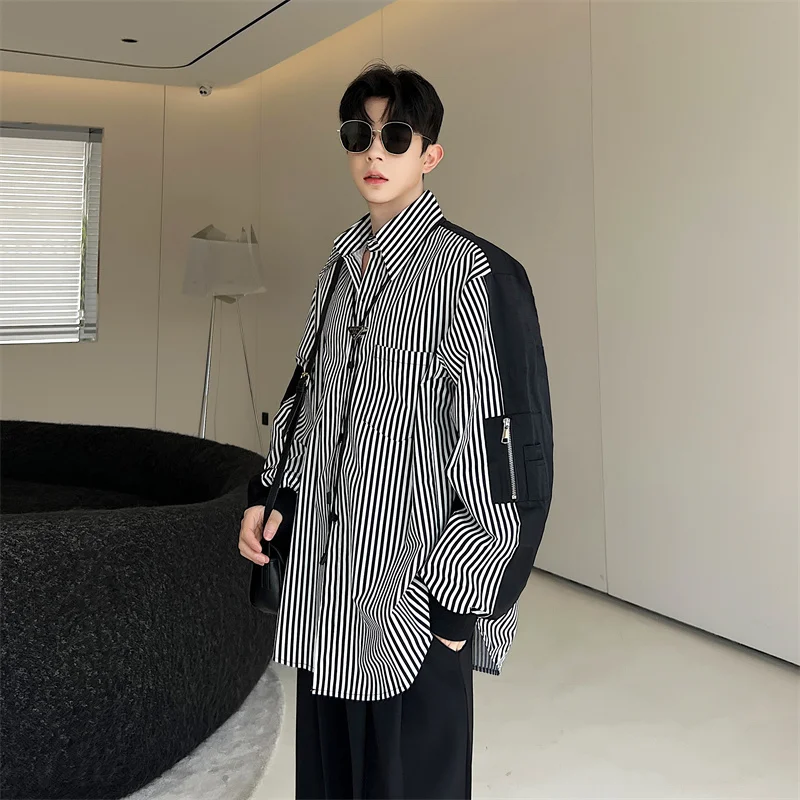 

Раннеосенняя свободная рубашка-куртка оверсайз в полоску для мужчин и женщин, молодежный модный топ с сетчатыми вставками и длинными рукавами на пуговицах