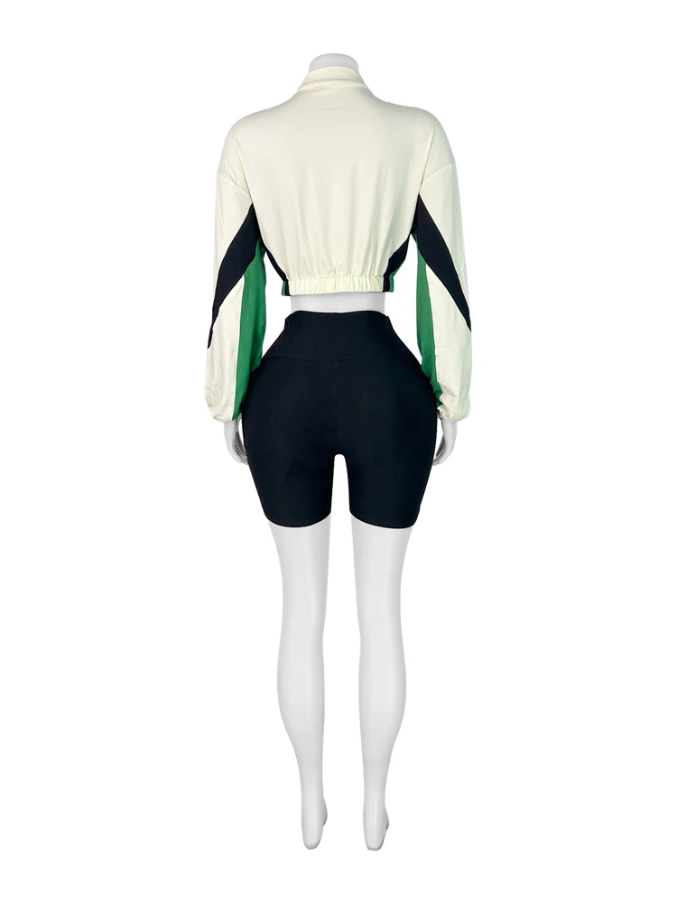 Herbst Damen Zweiteiler Set: Farbblock Crop-Zip-Jacke und Biker-Shorts mit Stehkragen und elastischem Saum, Streetwear Sportlich Lässiger Trainingsanzug – Detail 7