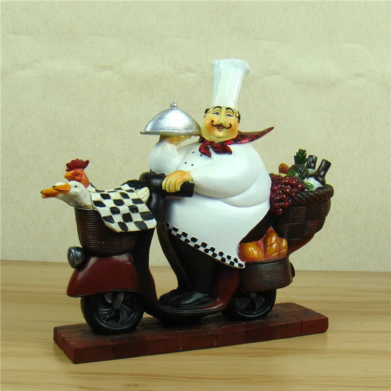 Amusing Village Motorbike Chef Figurine Handmade Resin Cuisine Cook Miniature Home Ornament Restaurant Decor Craft Accessories