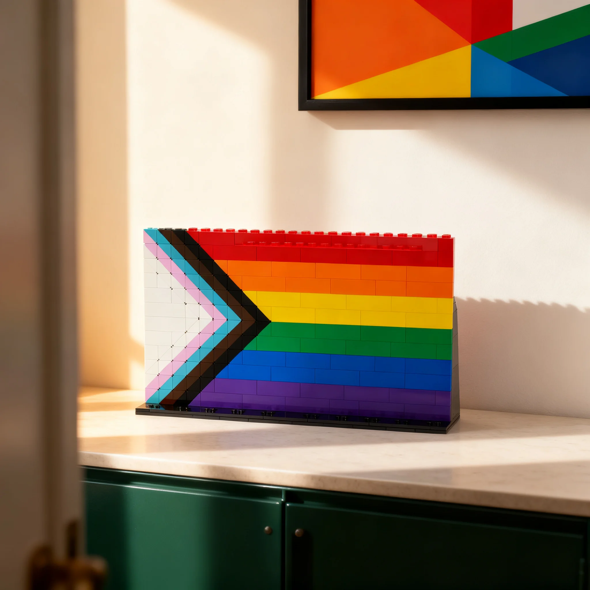 491 pièces MOC Blocs de construction modèle drapeau Pride avec support pour minifigurine, jouets d'architecture, cadeaux de Noël, idée créative de briques d'anniversaire pour enfants