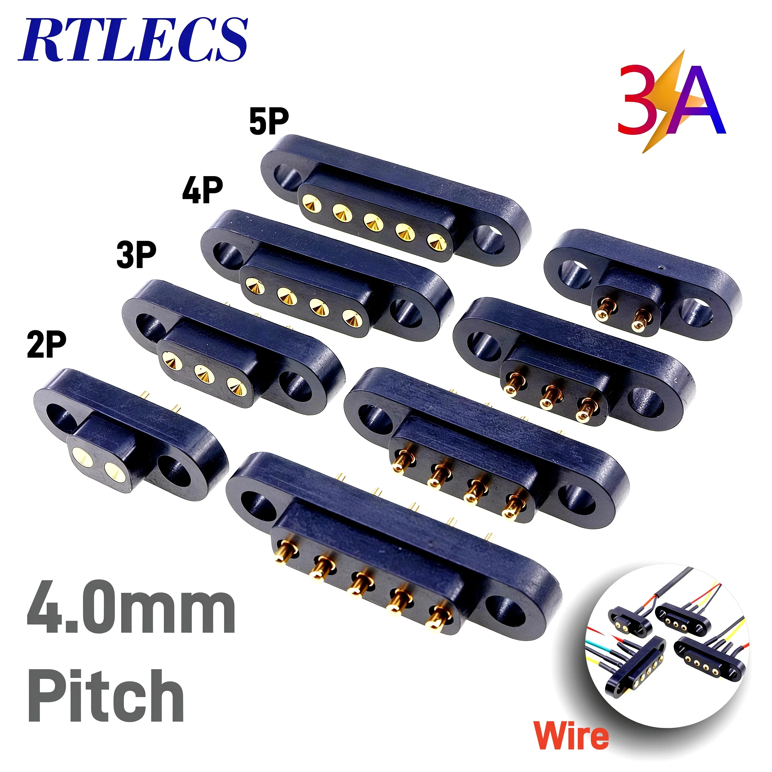 

1/3/5 Pairs PogoPin Connector 3A Male Female 4.0mm Pitch Spring Loaded 2 3 4 5Pin DIP Through Hole PCB Mounting Ear Gold Plated