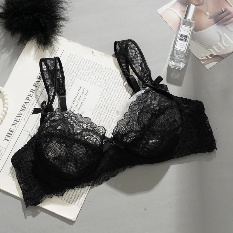 Sujetadores románticos franceses de media Copa para mujer, Top Sexy de encaje con escote en V profundo, ropa interior Bralette fina con cierre cómodo y transpirable
