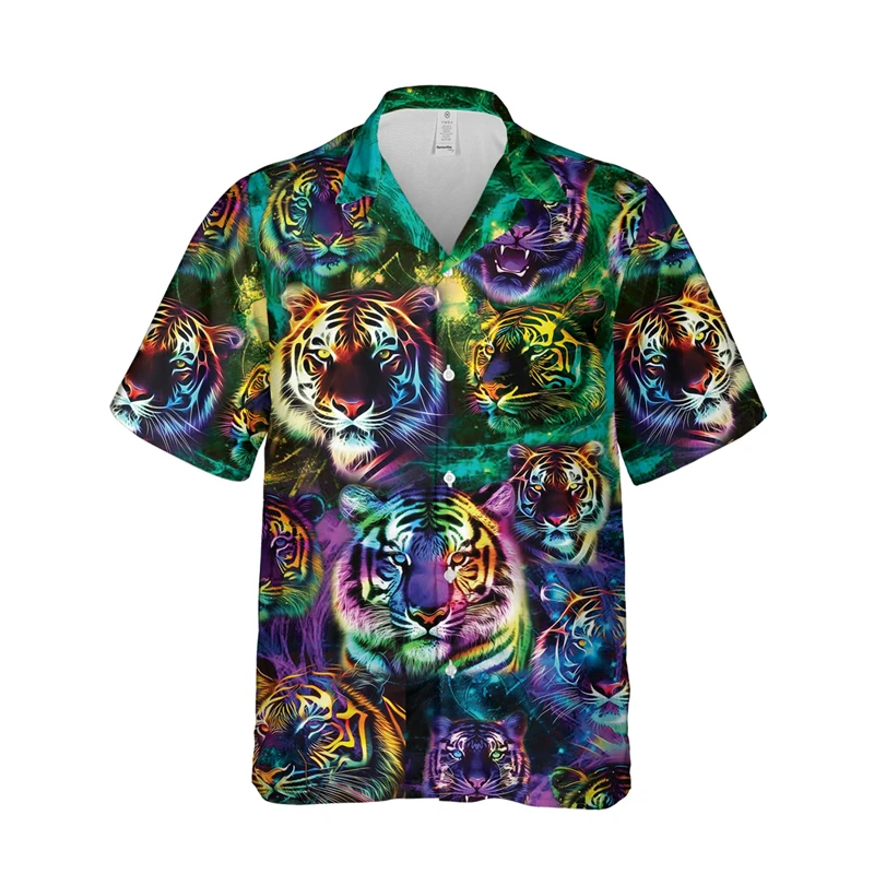 Fashion Hawaiian Tiger 3D Print Shirts For Men Clothes Casual Hawaii Animal Short Sleeve Funny Boy Button Streetwear Kid Blouses