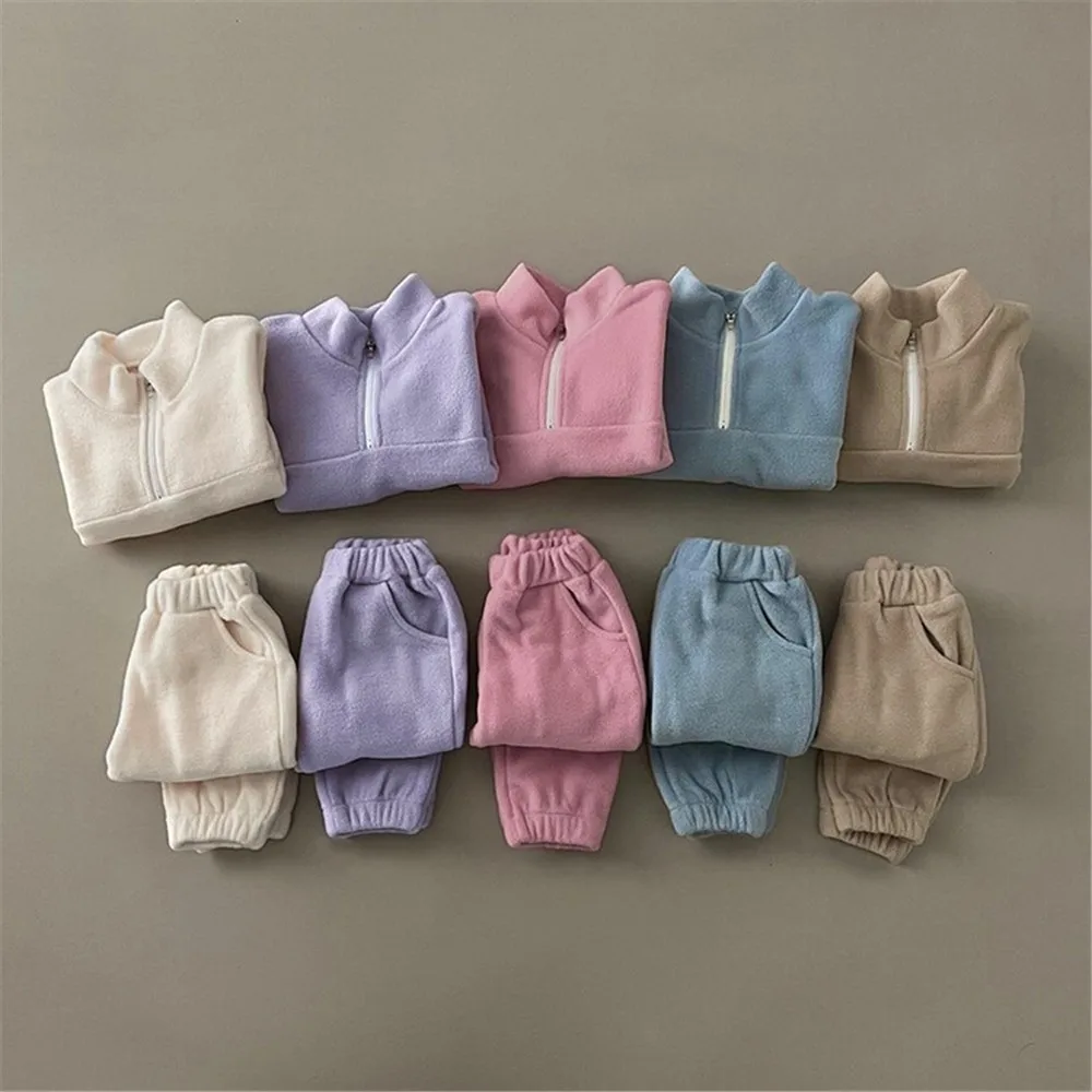 2024 Autumn New Toddler Baby Sports Set Fleece Solid Color Hoodies And Pants 2pcs Warm Suit Infant Outfit Kids Tracksuit