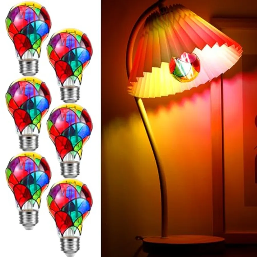 6 Pcs Stained Glass Light Bulb E26 LED Multicolor Bulbs Vintage Rainbow Light 6w for Home Lighting Balcony Festive Atmosphere A