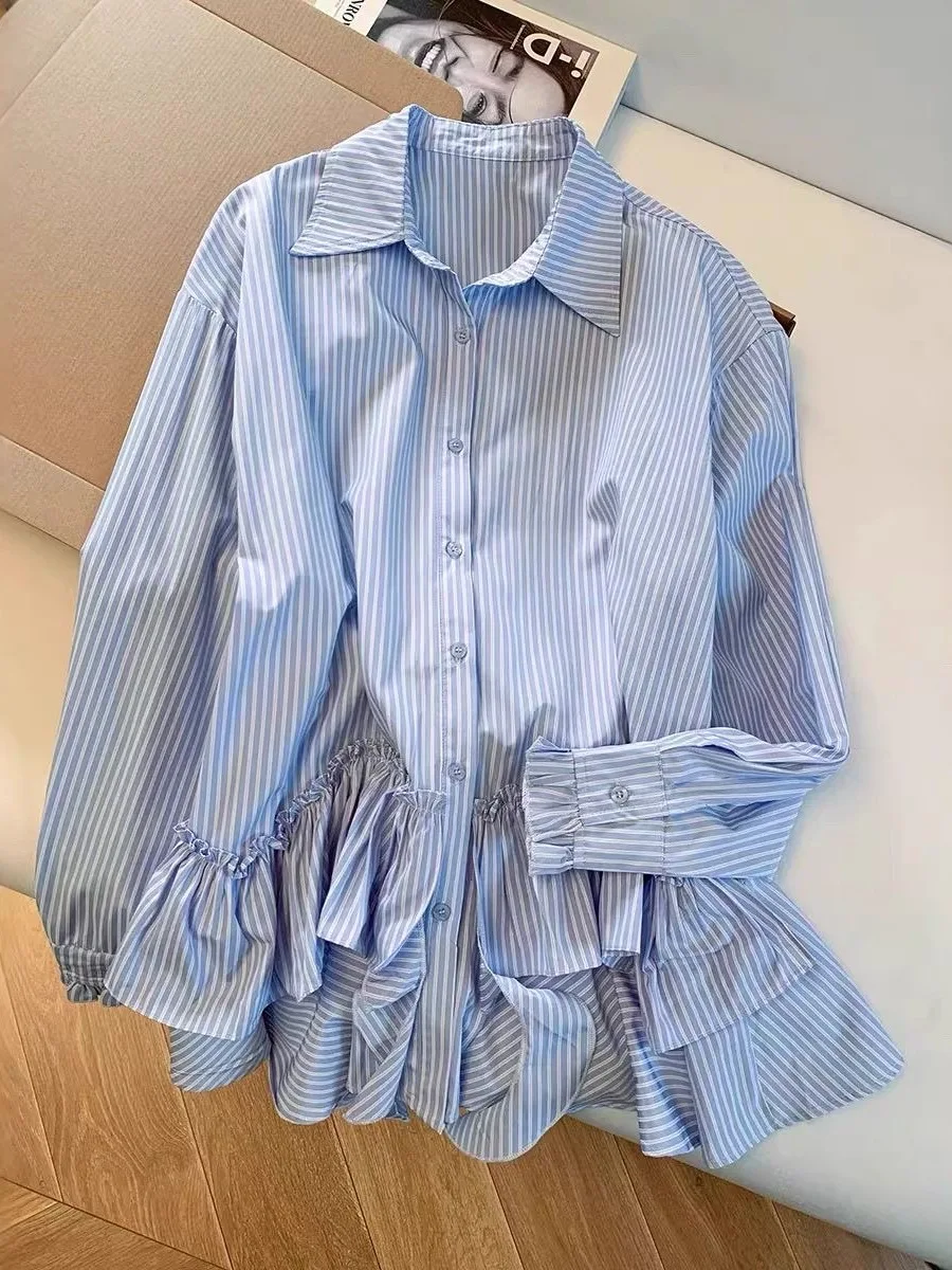 

Loose Women's Shirt Floral Lace Splicing Striped Collar Spring Fashion Guangzhou Thirteenth Factory High Quality Long Shirt