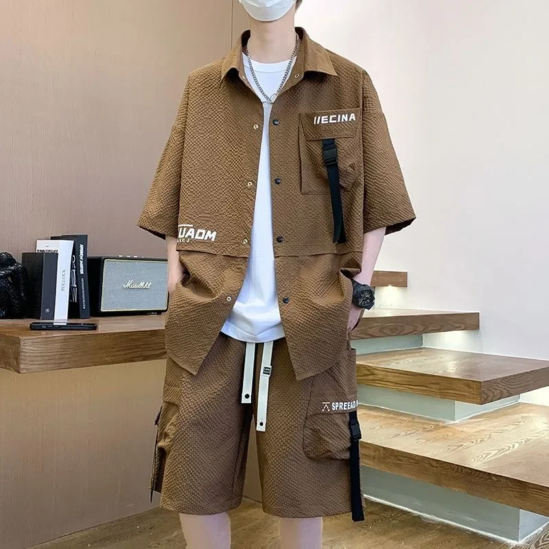 Small Fragrance Short Sleeve Summer Trendy Hong Kong Style Casual Loose Handsome Men's Five-quarter Sleeve Shirt and Shorts Set