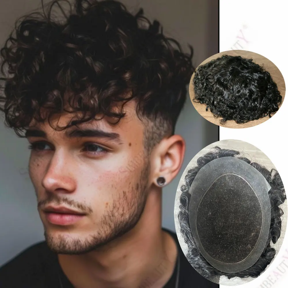 25 مللي متر عميق مجعد الرجال الشعر المستعار أستراليا نمط السويسري الدانتيل بولي شعر مستعار شعر الإنسان تنفس رجل الشعرية الاصطناعية استبدال النظام