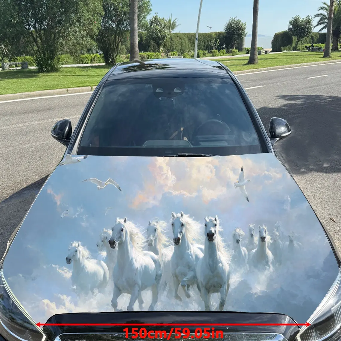 Mythical Galloping Horses PVC Car Engine Hood Vinyl Wraps, Self-Adhesive Waterproof Car Hood Decal Sticker, Car Decoration Prote