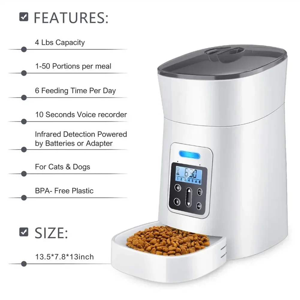 Smart Pet Feeder with Distribution Alarm, Automatic Cat Food Dispenser, Programmable Timer, Voice Recorder, 4L, Up to 6 Meals