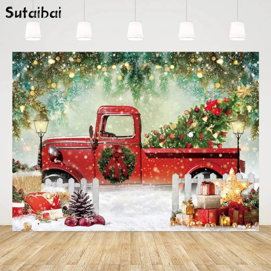 

Christmas Red Truck Backdrop Winter Snowy Forest Pine Tree Background Merry Xmas Fence Wonderland Holiday Family Festival Banner