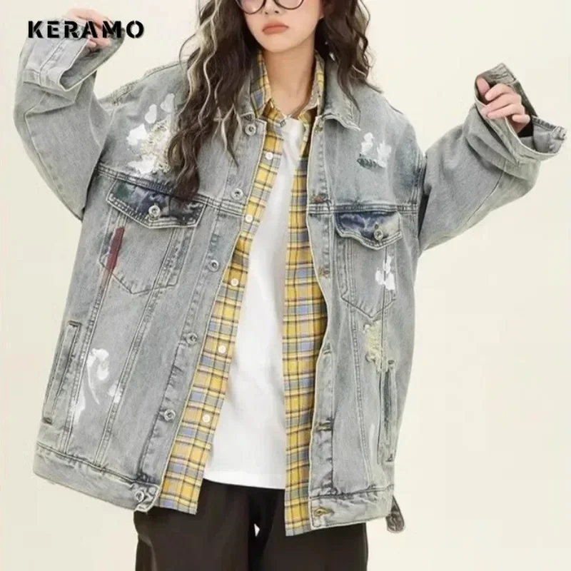 2024 Winter Korean Fashion Single Breasted Loose Y2K Coat Women's Casual Turn Down Collar Baggy Retro Ripped Denim Jacket