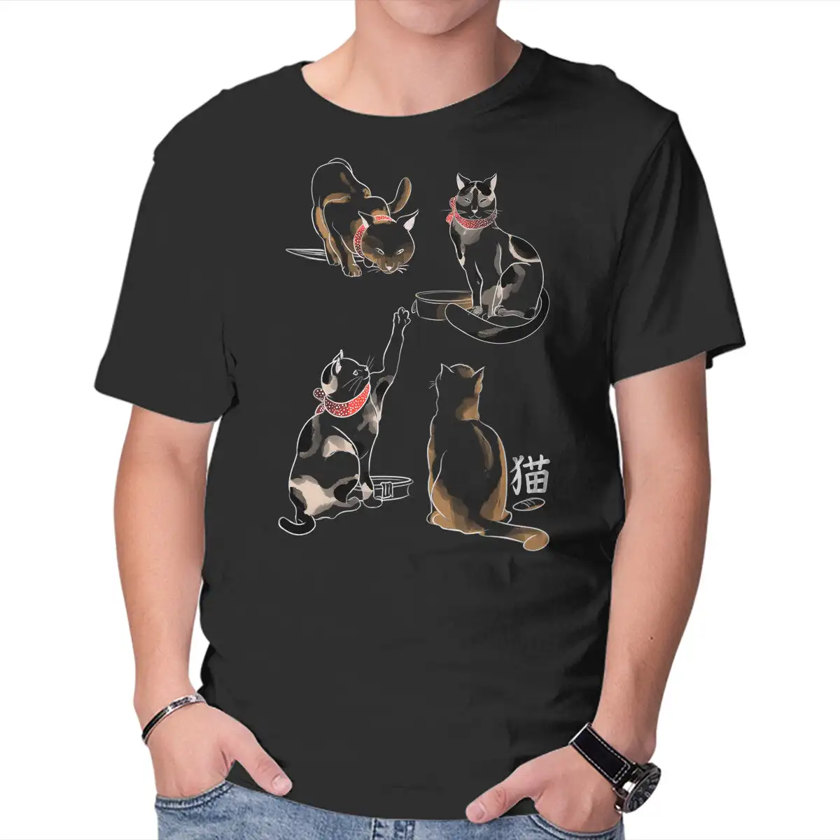 Kanji Cats Anime Graphic T-shirts for Men Clothing Women Short Sleeve Tees Vintage High Quality 100%Cotton