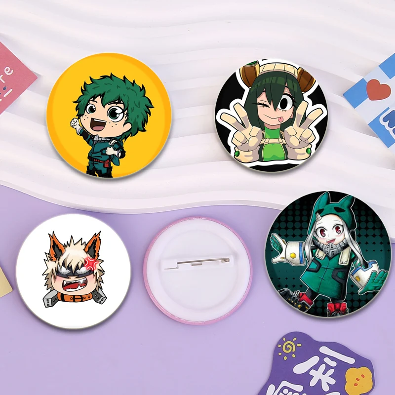 Hero Academia Round Pins Midoriya Izuku Bakugou Katsuki Anime Badge Todoroki Shoto Ochaco Uraraka Cartoon Brooch Bag Accessories