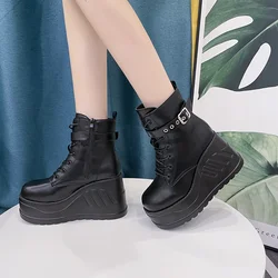 Side Zip Women Platform Shoes Black Gothic Buckle Pu Leather Woman Creeper Punk Boots Female Black High Heel Ankle Short Boots