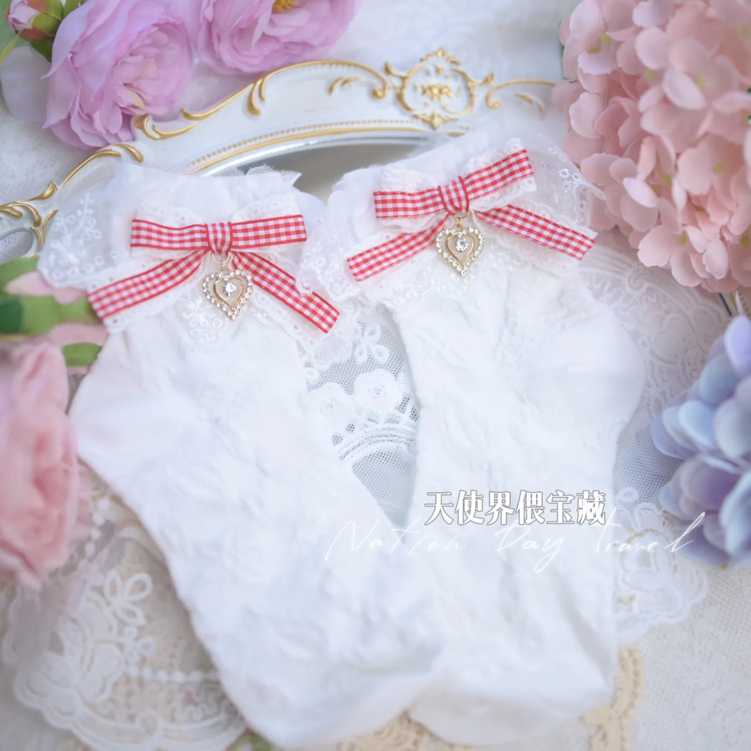 Lolita Ankle Socks with 3D Strawberry, Red & White Lace Trim Kawaii Socks, Bow & Heart Charm Handmade Gift for Women view 3
