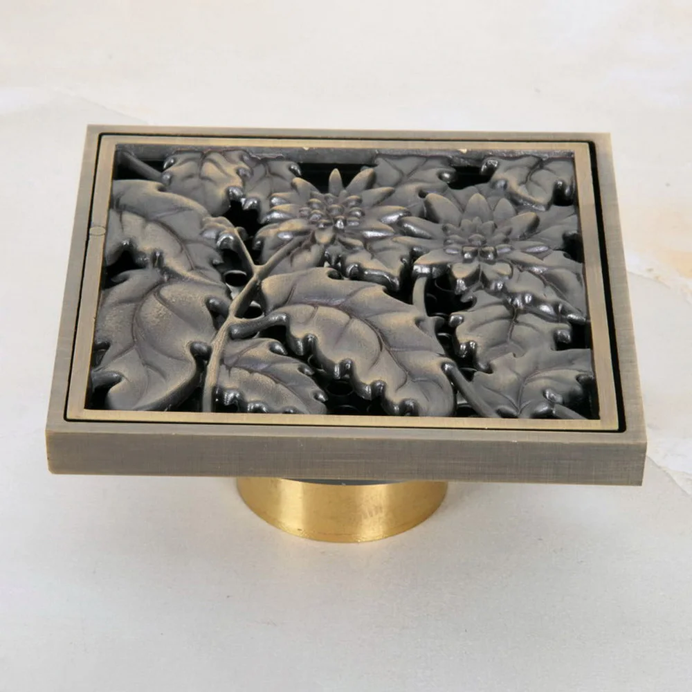 Antique Brass Carved Flower Pattern Bathroom Shower Drain 4