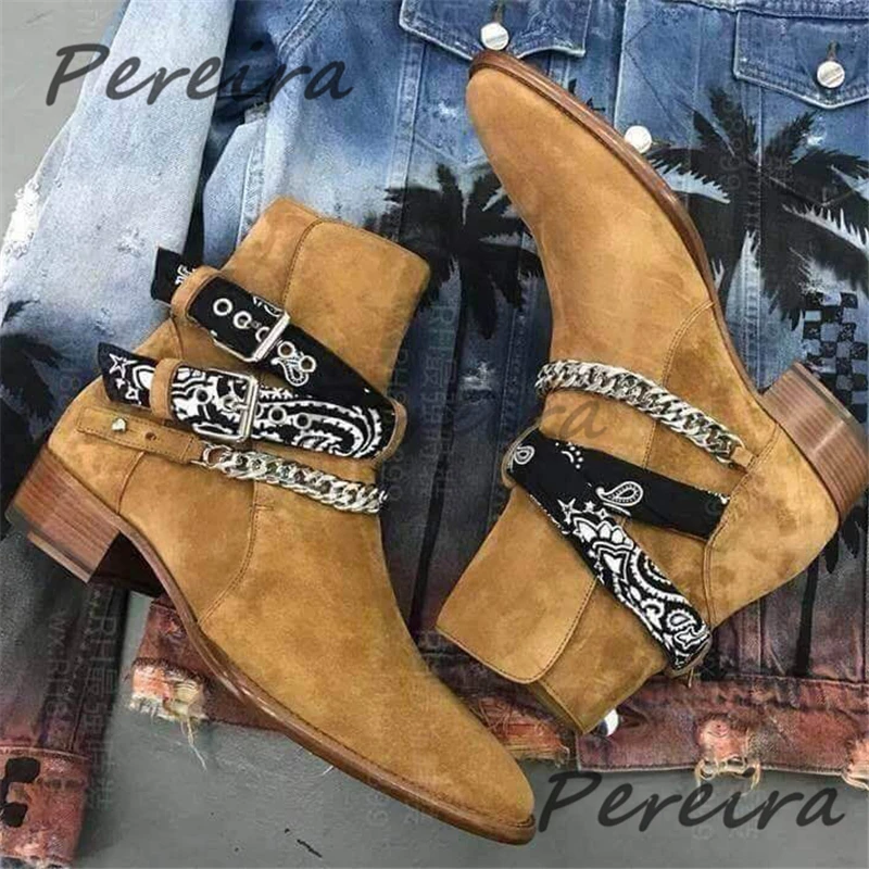 

New Cow Suede Men's Chelsea Boots British Style Metal Chain Buckle Genuine Leather Short Boots Trendy Versatile Male Shoes