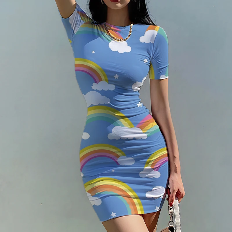 Summer new lady slim dress Rainbow 3D printed lady dress Sweet style Women's slim dress fashion trend women's slim dress