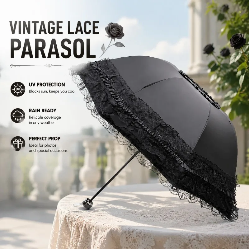 5-layer Lace Princess Parasol Ruffled Sun Protection Umbrella Black Coating 3-fold Dual-purpose Rain Shade Portable Foldable