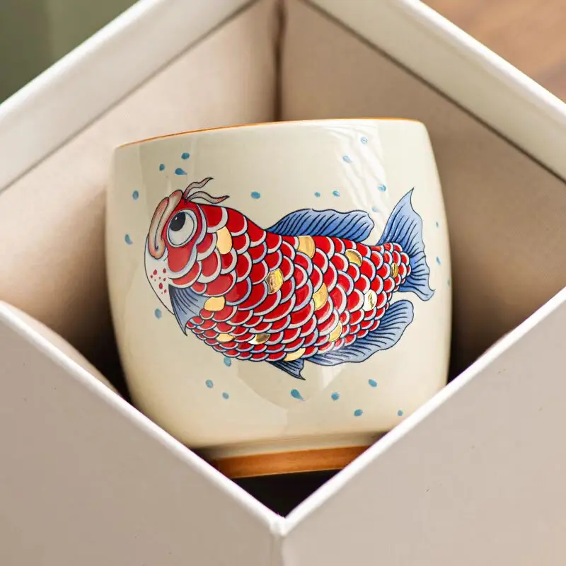 Ash Glaze Ceramic Goldfish Wealth Master Cup Single Tea Tasting Cup for Kung Fu Tea Set Home Office Gift