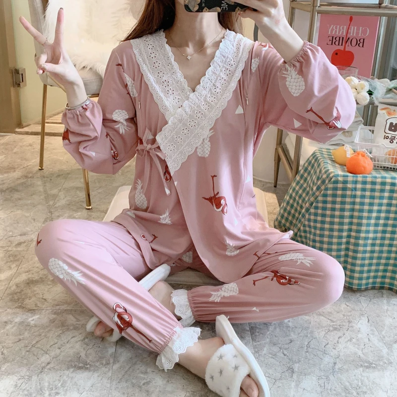 

Sleepwears Pregnant Woman Lactation Pajama Sets Fashion Maternity Nursing Clothes Lace Cotton Breastfeeding Tops+Pants Set