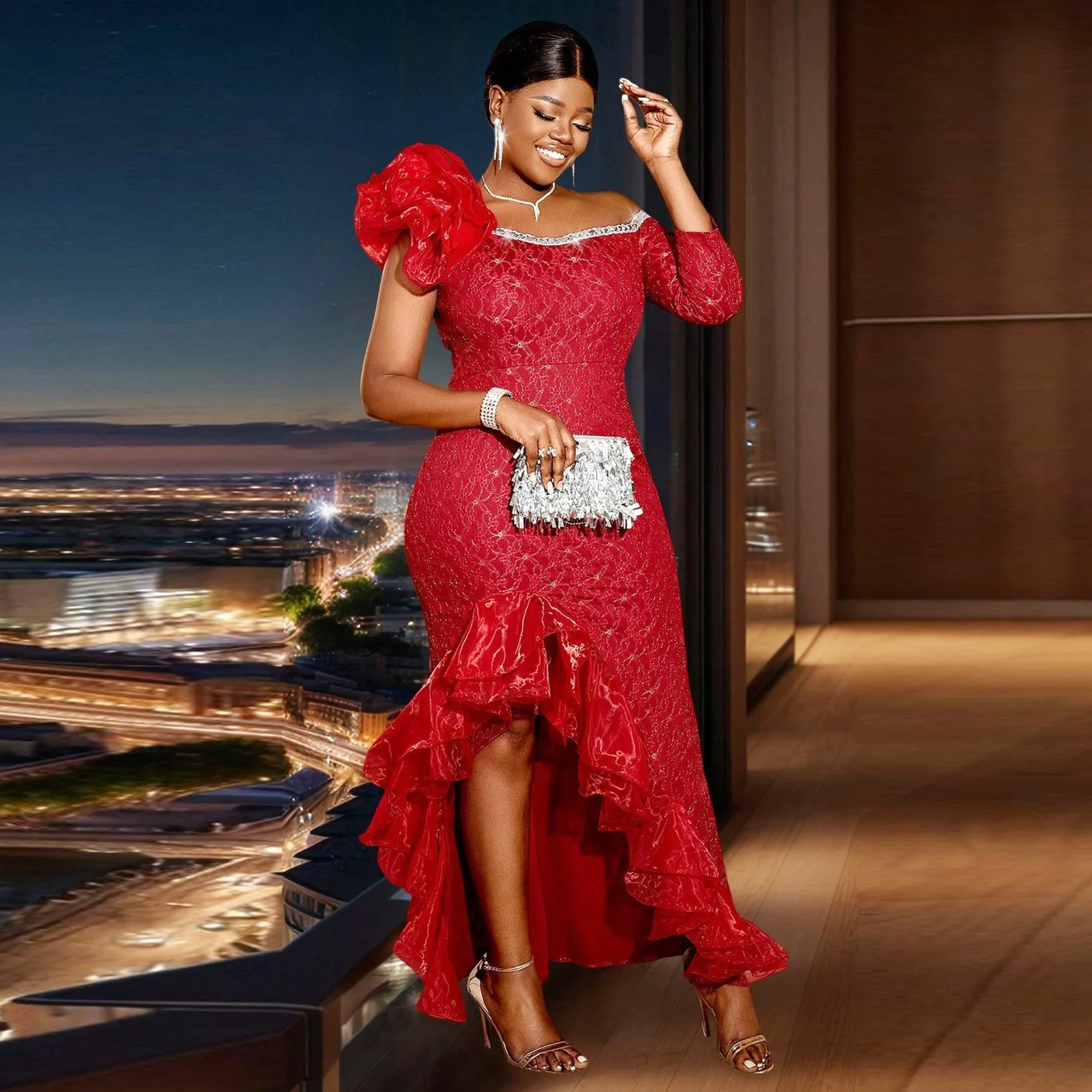 Robe de bal sirène en dentelle, épaules dénudées, à volants, manches longues, haute et basse, robe de soirée Aso Ebi pour femmes
