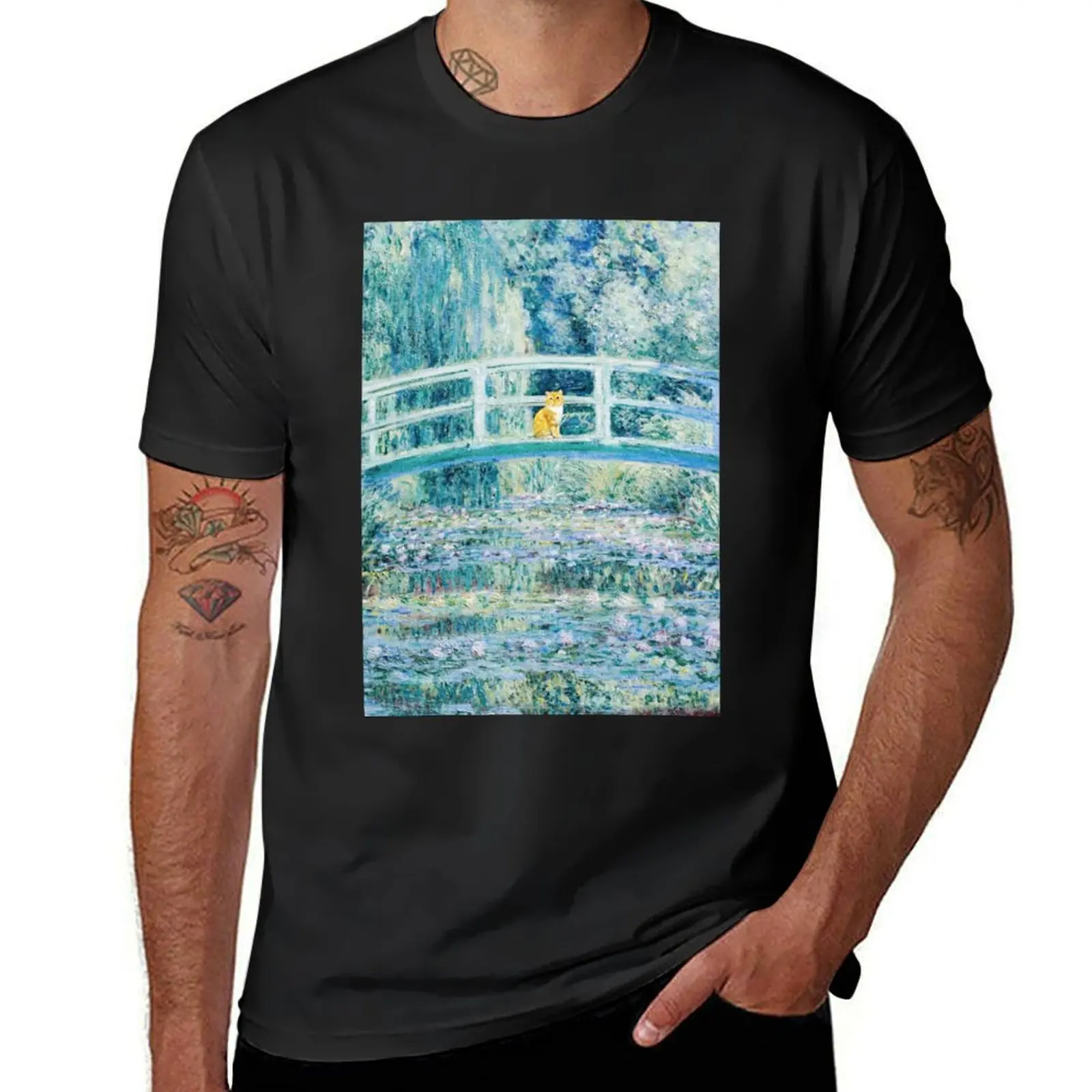 Funny Orange Cat Water Lilies and Japanese Bridge by Claude Monet T-Shirt tees Clothing mens big and tall t shirts