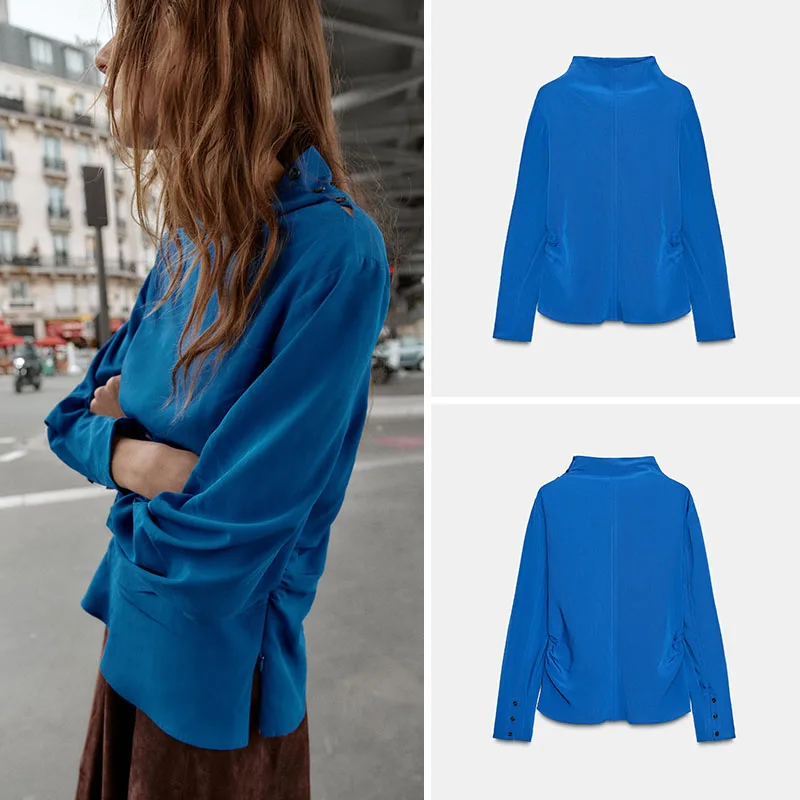 New Autumn Women's Shirt Stand Collar Long Sleeve Pure Color Pleated Top for Young Ladies 18-25 Years Old in 2025 Season