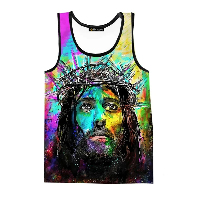 

3D Print God Christ Jesus Tank Tops For Men Clothing New Fashion Oversized Sleeveless Vest Summer Casual Oversized Gym Tops Male