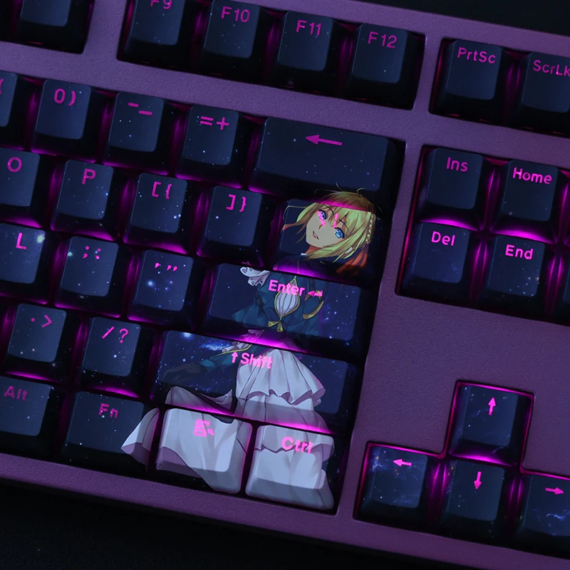 Imagem -04 - Teclas Violeta Evergarden Animação Jogo Tema Pbt Keycaps Rbg Translúcido Cereja Perfil para Teclado Mecânico Keycaps 108