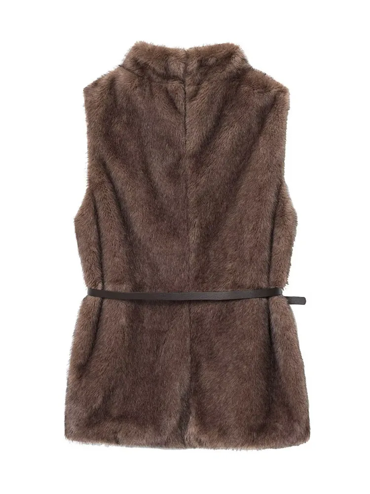 HH Moda donna collo alto cintura decorazione effetto pelliccia sintetica gilet senza maniche top femminile inverno caldo casual slim high street top