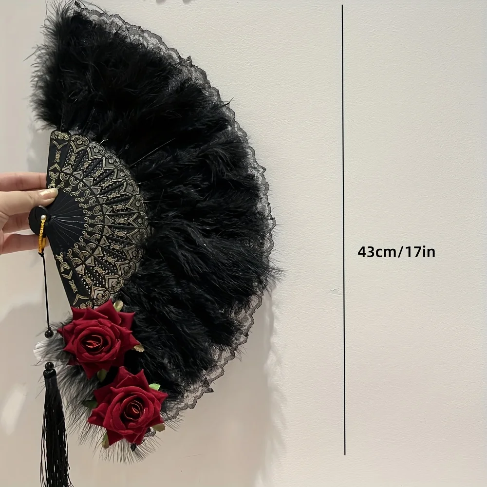 2pcs Black Feather Fan And Ring, Hand Fan Folding Fan, Burgundy Rose Vintage Lolita Christmas Halloween