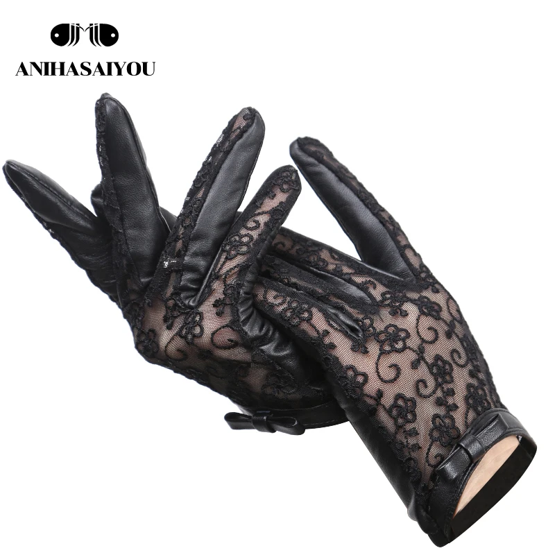 

Sexy Fashion women's leather gloves spring and autumn thin sheepskin black lace gloves bow women's gloves-7018