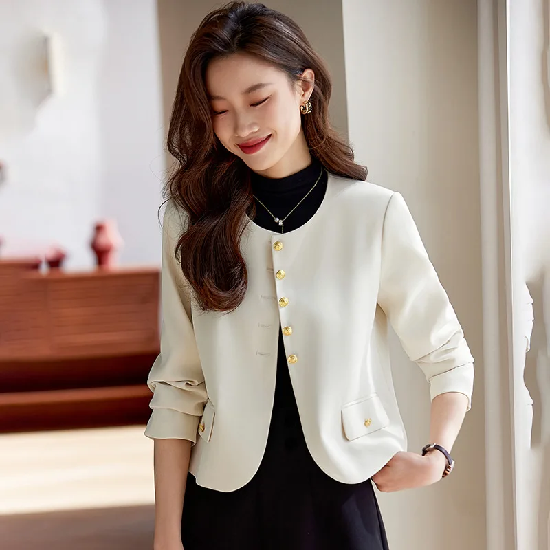 Blazer pendek wanita, baju kantor kancing sebaris kerah O Musim Semi 2025 elegan modis hitam putih cokelat