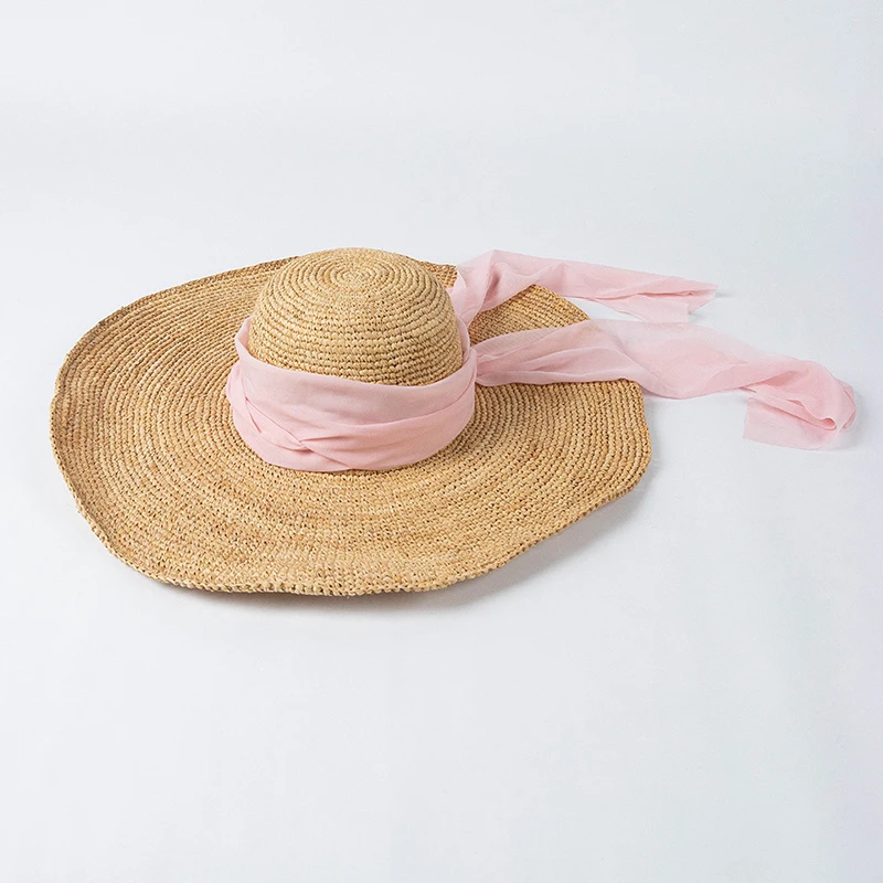 2023 New Summer Casual Handmade Raffia Straw Hat With Ribbon Large Brim Hats For Women Summer Beach Sun Hat Walk Show Luxury Hat