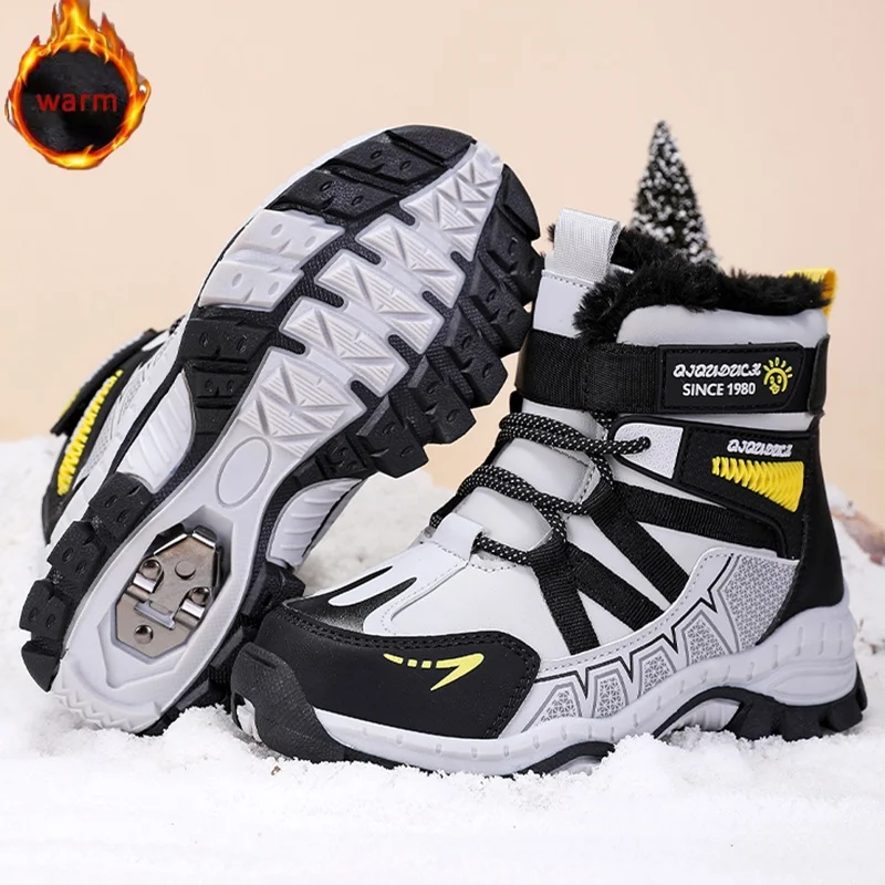 Kids Outdoor Snow Boots Winter Fashion High Top Warm Plush Hiking Boots Comfortable Anti Slip Walking Shoes Boy Outdoor Sneakers