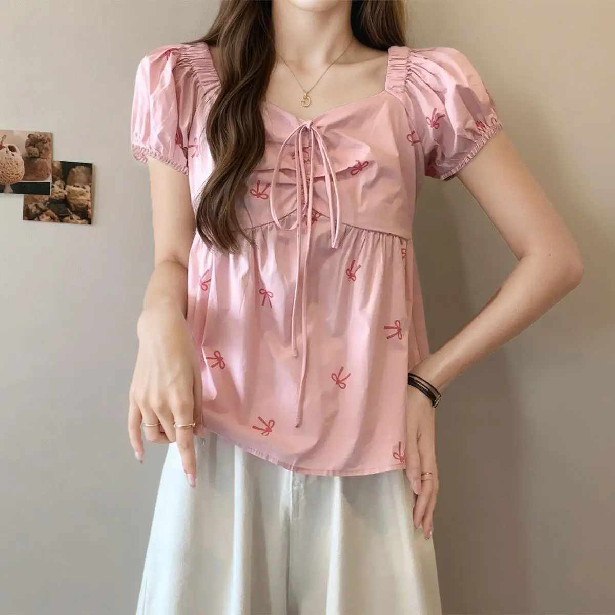 

Women's Printed Lace up Shirt Top Sweet Style Short Sleeve Knot Fashionable Women's Blouse Winter Collection