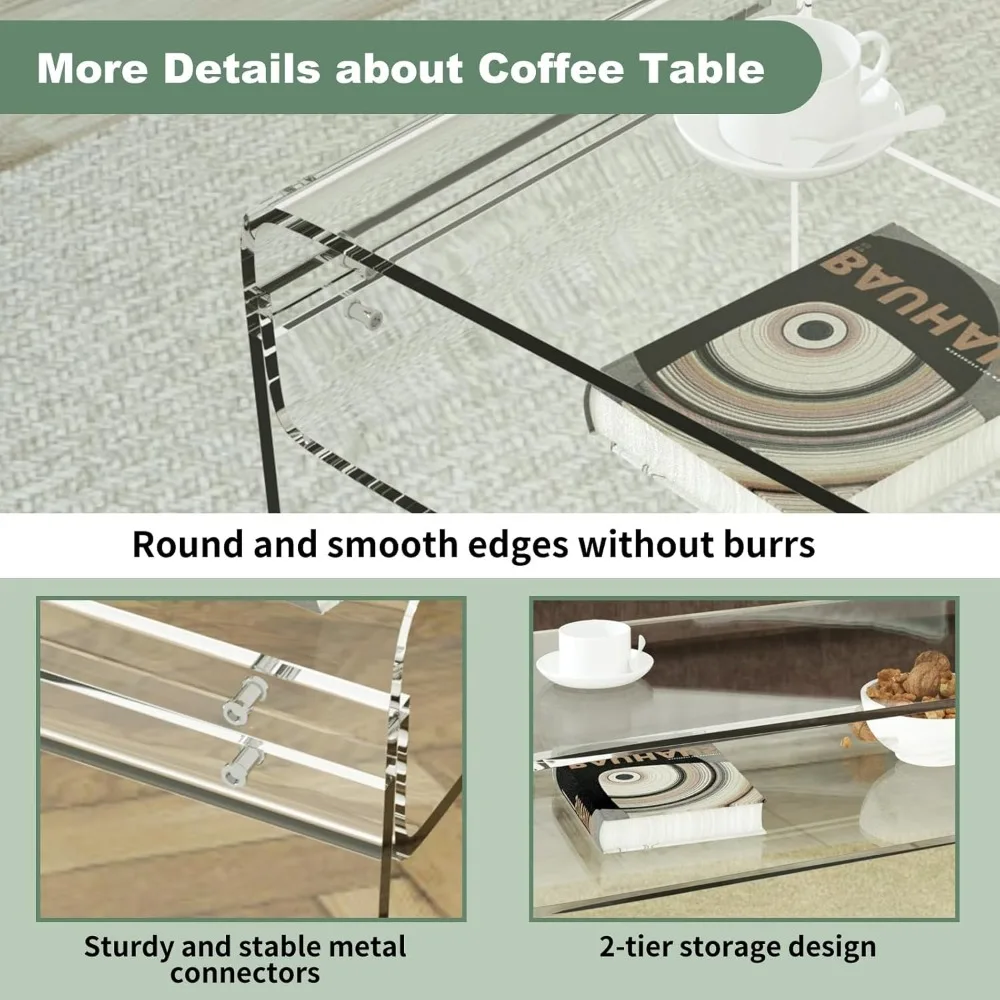Mesa de centro acrílica, mesa de centro transparente de 31,5" con estante de almacenamiento, mesa central rectangular