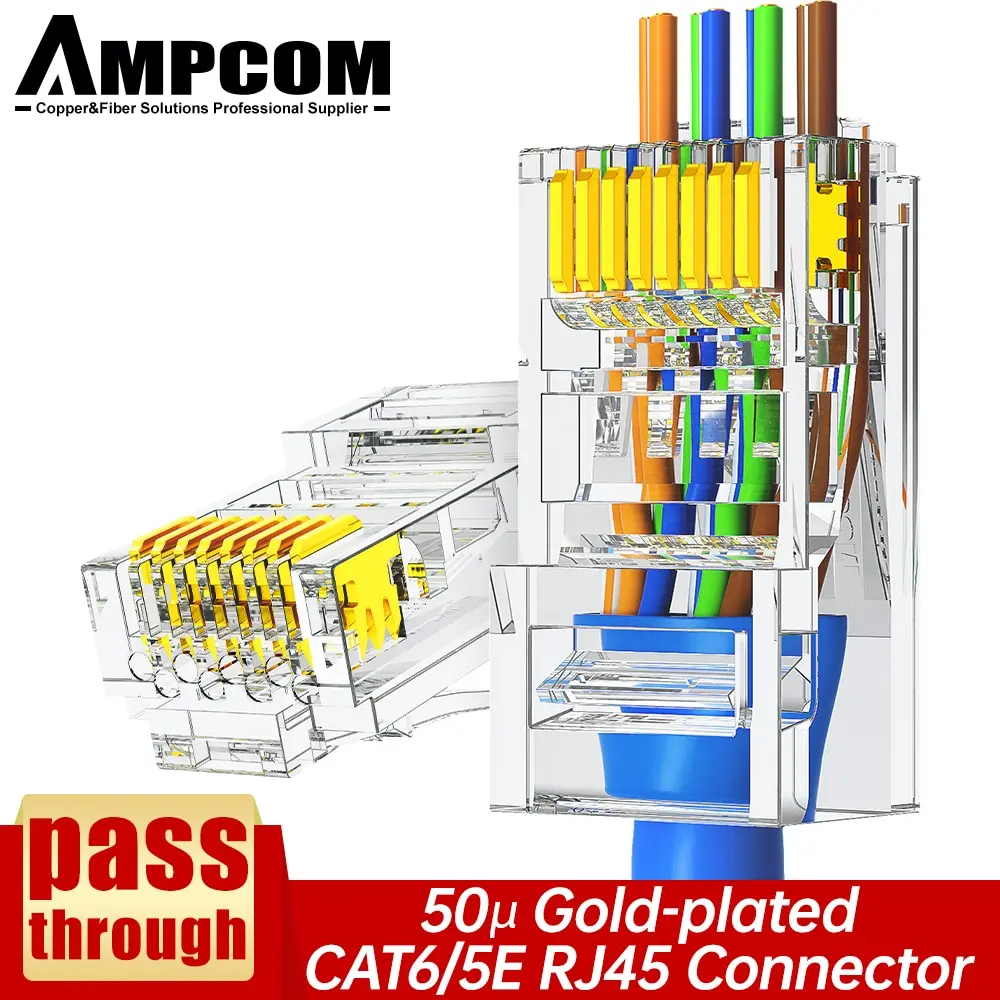 AMPCOM RJ45 Konektor Melewati CAT6 CAT5E Ujung Jaringan Steker Modular UTP 3/50 Μujung Crimp 8P8C Berlapis Emas untuk Kabel Ethernet