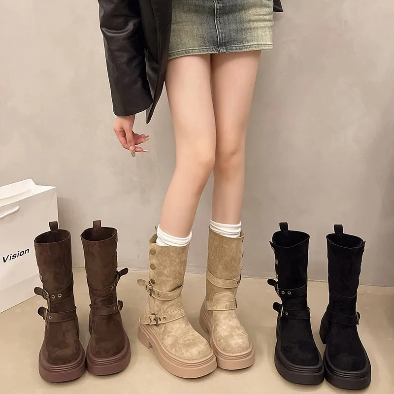 Women's Multi Buckle Decor Western Mid Calf Boots, Suede Chunky Platform Height Increasing Slouch Boots, Maillard Style Slim Rid