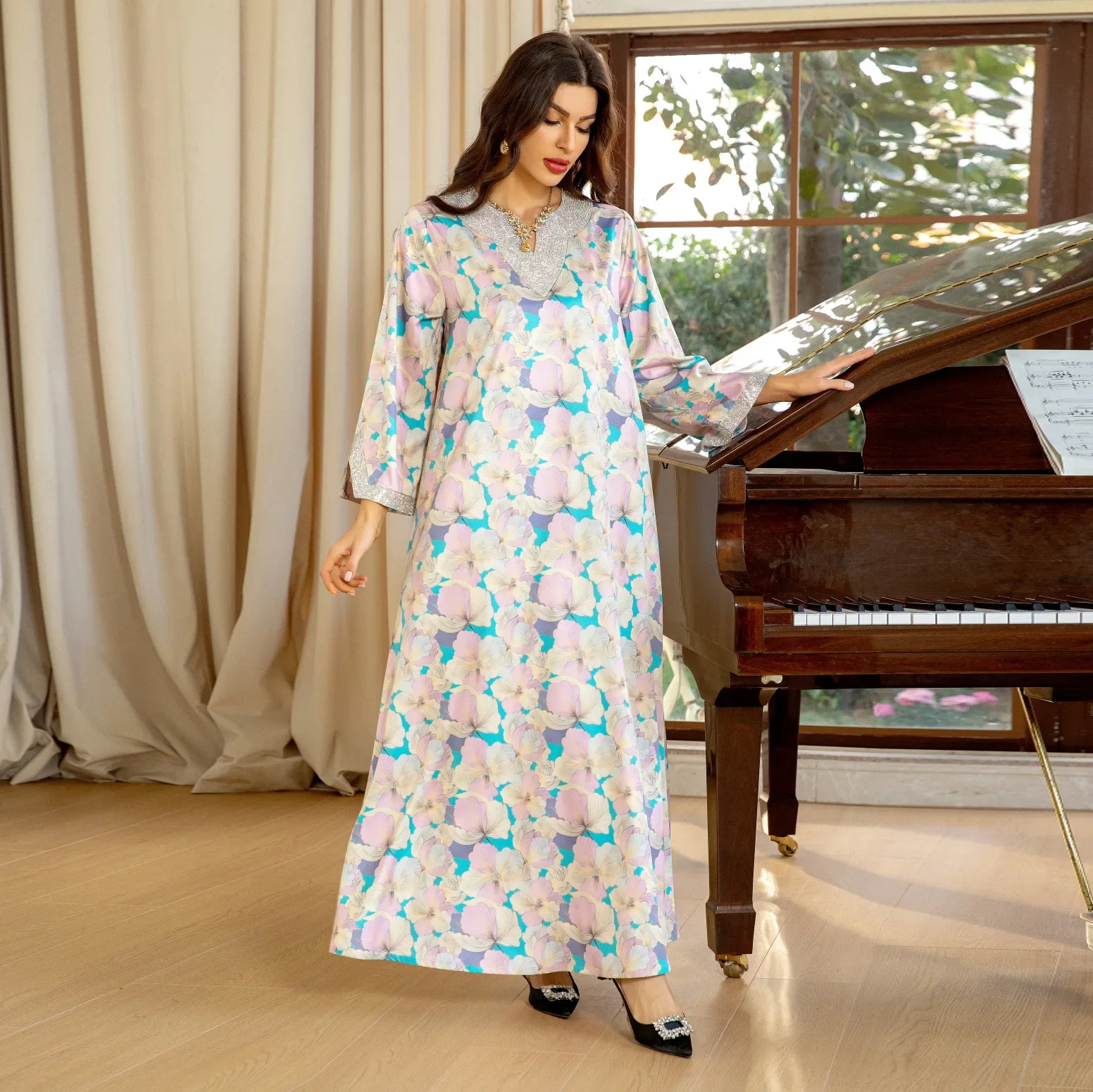 Dubai Fashion Diamonds Elegant Printing Long Dresses Muslim Eid Casual Party Gown Moroccan Saudi Women Abayas 2025 New Dress