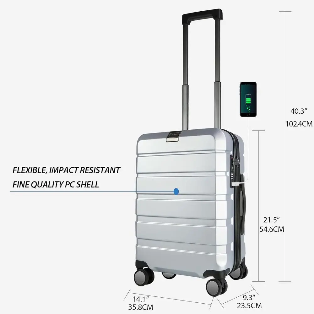 Expandable Hardside Spinner Luggage with TSA Lock, 20-Inch USB-Enabled Carry-On Suitcase, Silver Grey
