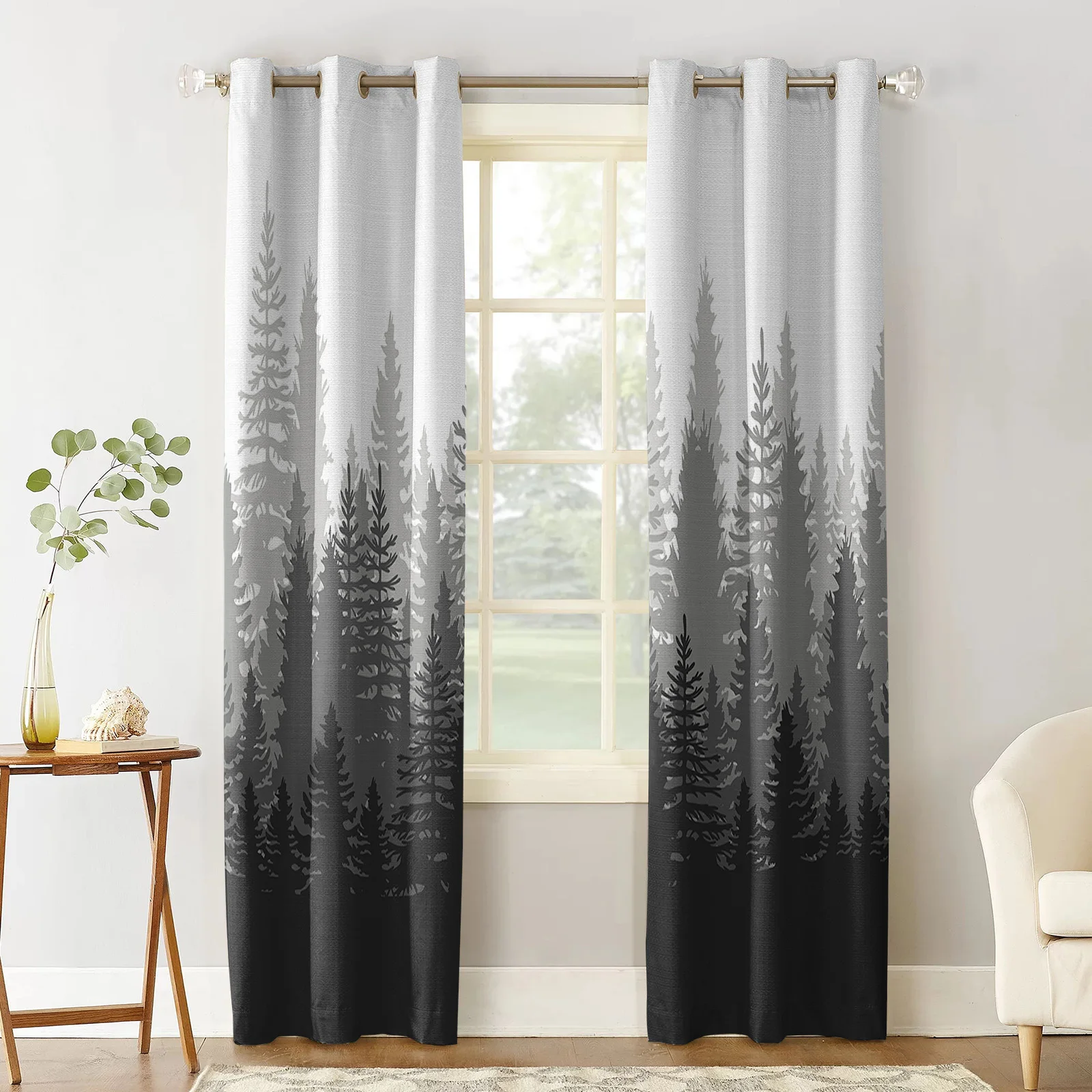 Forest Gradient Abstract Dark Grey Window Screen Printed Design Office Indoor Window Curtains Kitchen Curtain Home Drapes