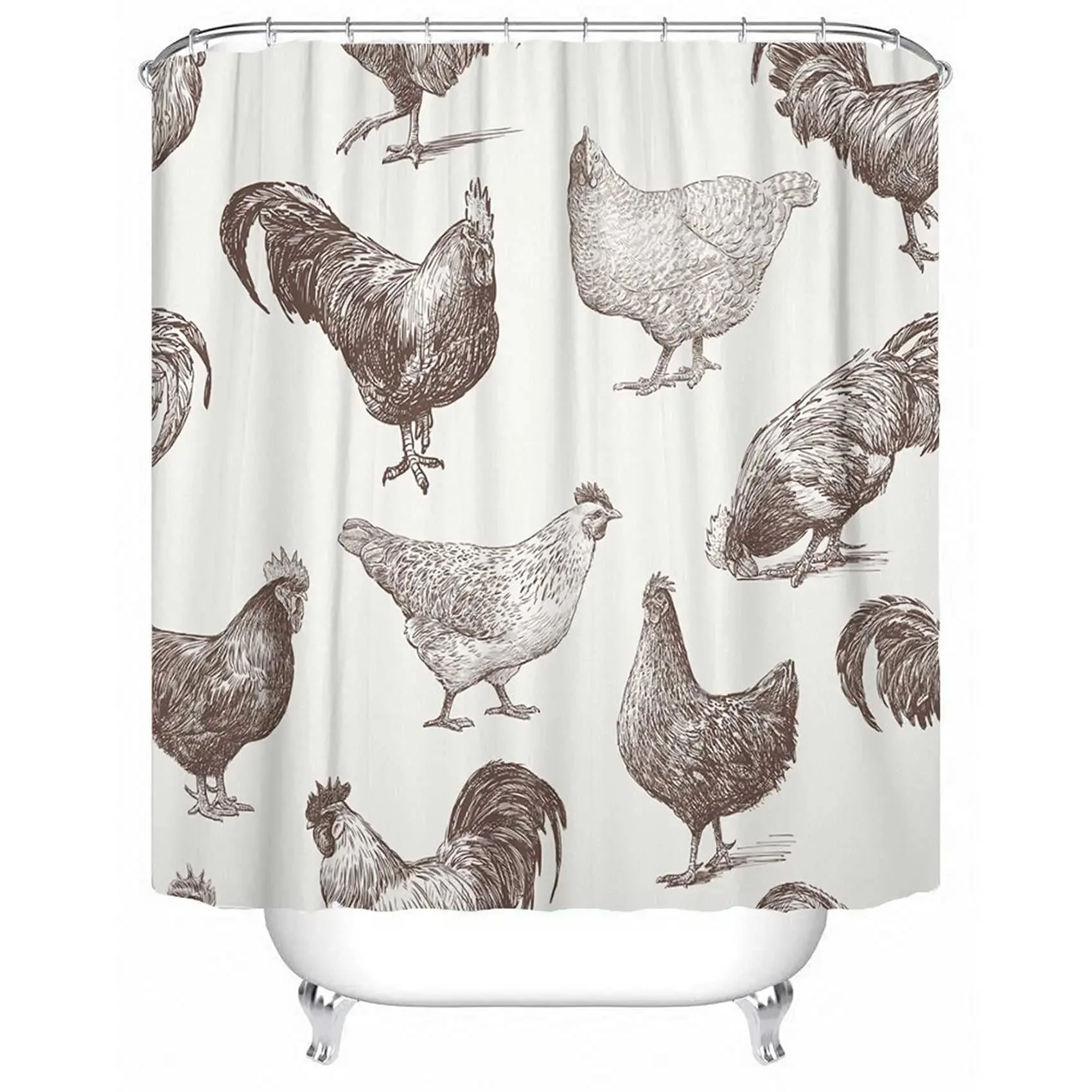 Chicken Cocks and Hens Sketch Shower Curtain with Hooks Rooster Farm Hand Drawn Animal Cockerel Waterproof Decorative Bathroom