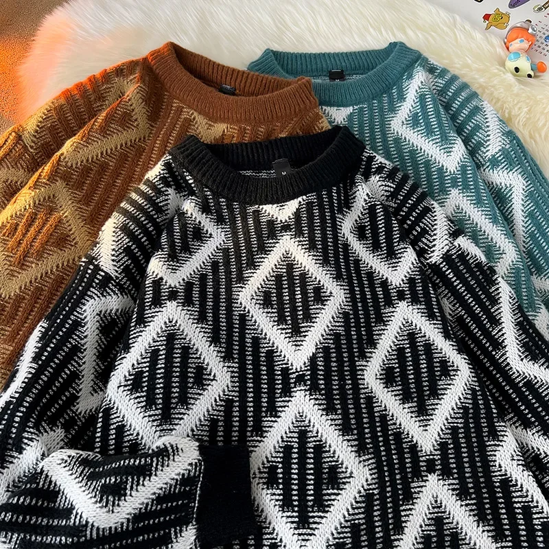 

New Men's Diamond Windproof Warm Knitted Casual Hoodie for Winter Outdoor High Quality Leisure Trendy Distressed Sweaters