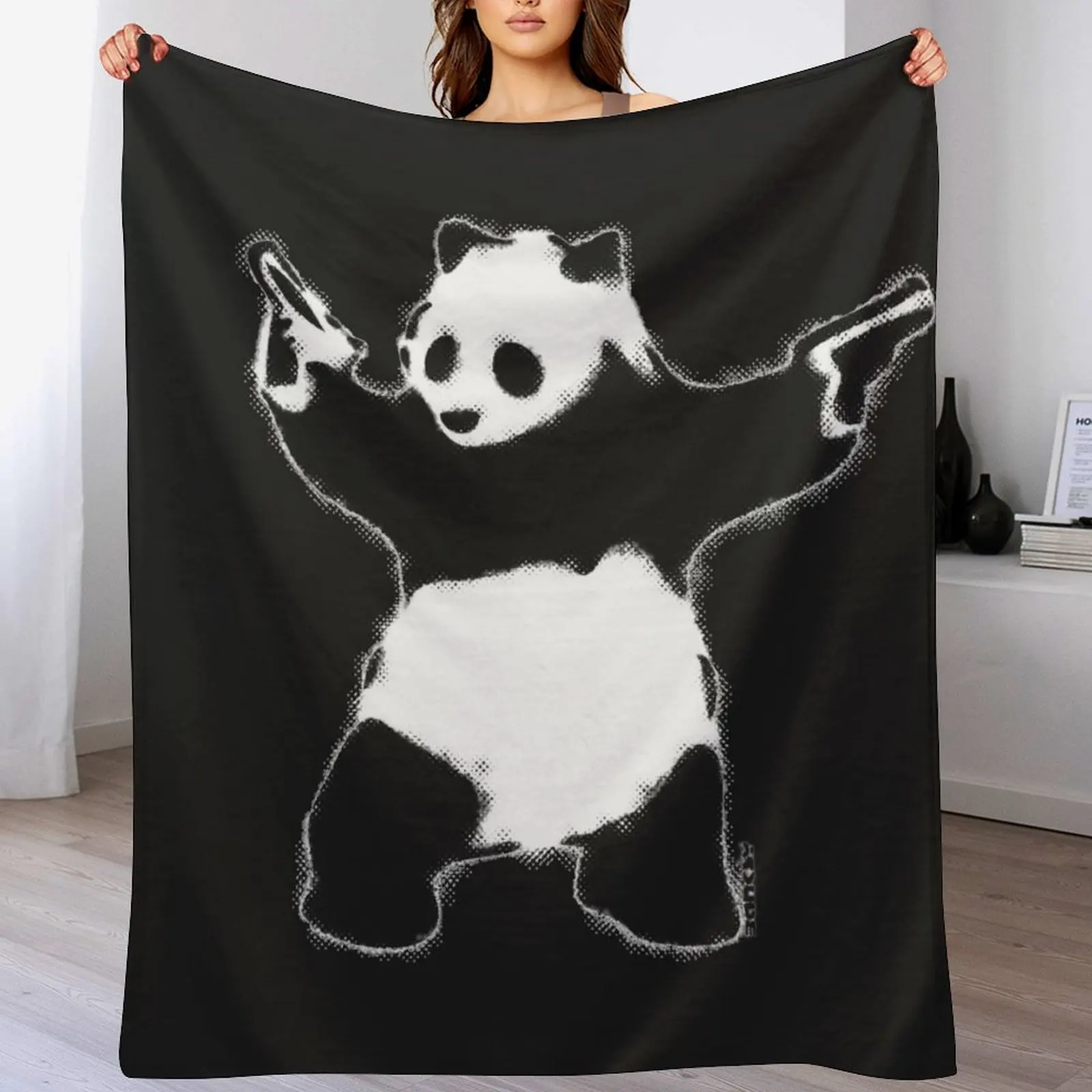

Banksy Panda with guns black and white grunge Graffiti Street art on black background HD HIGH QUALITY ONLINE STORE Throw Blanket