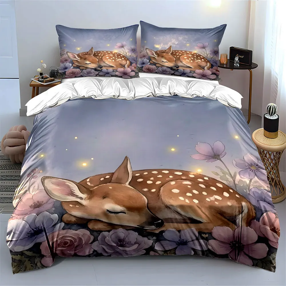 Gentle Fawn Sleeping Among Flowers Duvet Cover Set with 3D Printing Design Soft Polyester Bedding Set All-Season Comfort