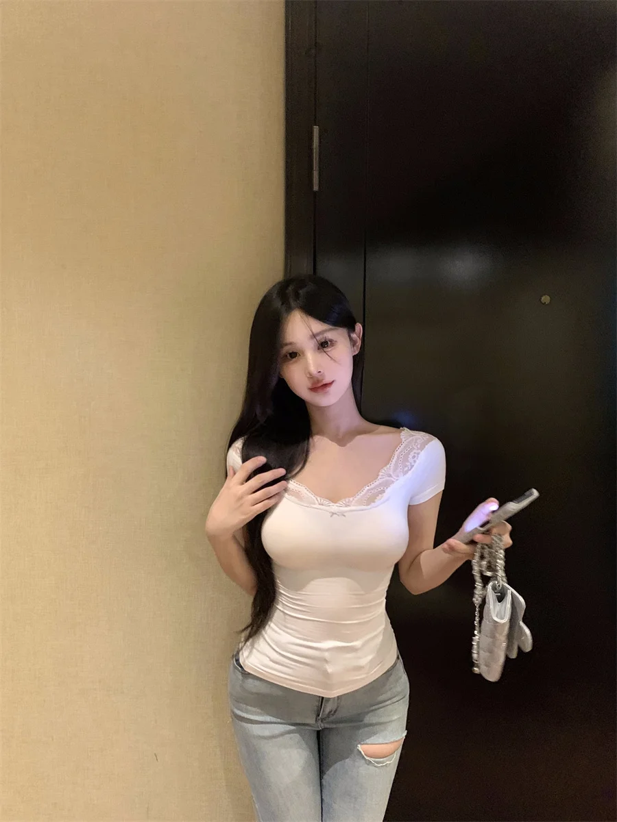 GAODINGLAN 여성용 레이스 패치워크 브이넥 티셔츠, 반팔 슬림핏 크롭탑, 다목적 화이트 타이트 짧은 티, 여름